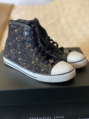 Dolce & Gabbana Black Lace High-Top Sneakers with White Toe Caps